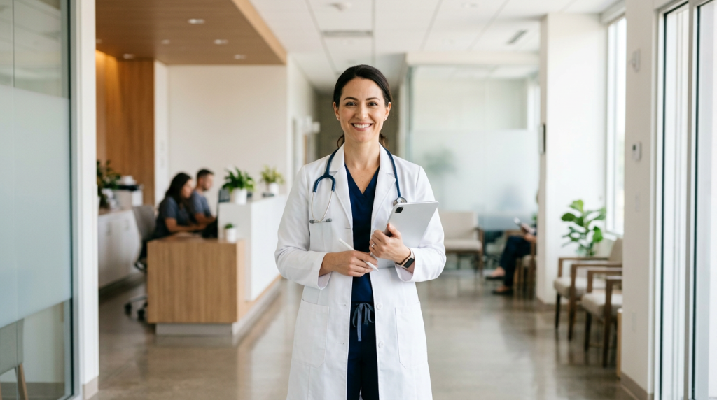 Doctor in a white coat centered in a modern healthcare setting, holding a tablet and looking confident.