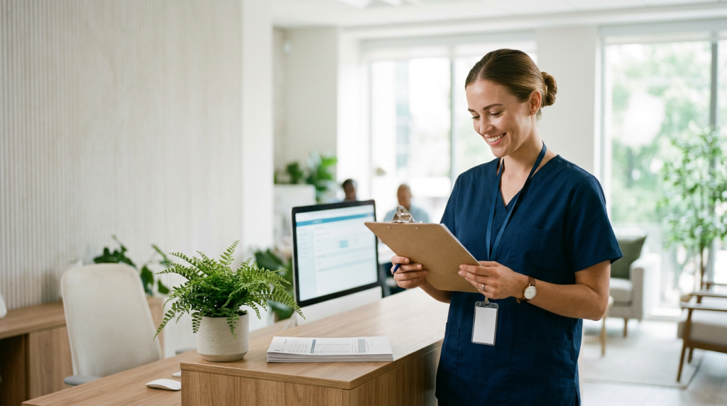 Nurse holding a clipboard in a modern healthcare office, representing a professional registration process guide.
